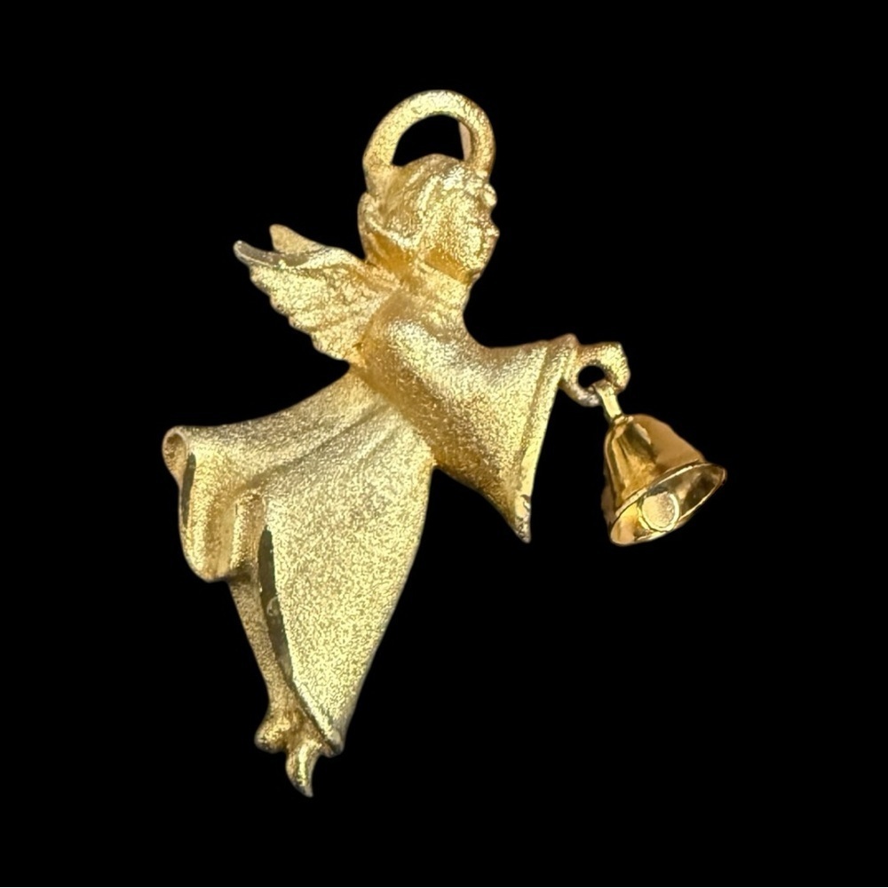 Vintage Robyn Rush Angel Bell Brooch - 1970s Frosted Christmas Pin